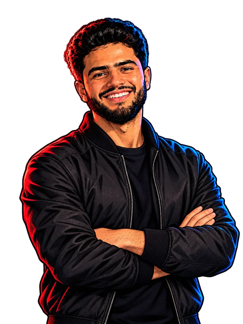 Comic portrait of Mohamed Abodonia in a black jacket with arms crossed, looking confident and attentive.